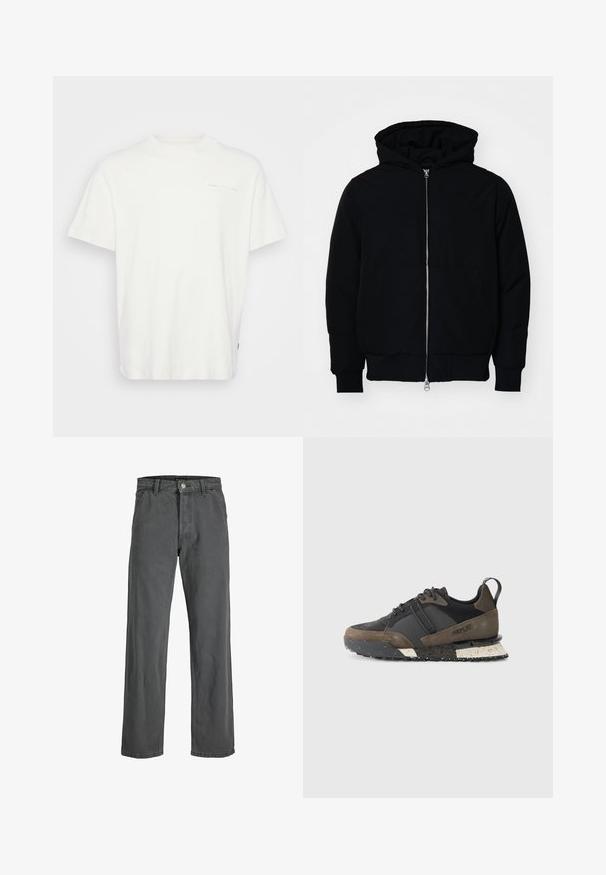Zwarte hoodie met rits aan de voorkant, kangoeroe-pocket, geribbelde manchetten en zoom, weergegeven op een effen witte achtergrond.; Witte katoenen t-shirt met ronde hals, korte mouwen en een klein bedrukt logo op de voorkant. Kenmerkt zich door een losse pasvorm en een gladde textuur.; Donkergrijze wijde jeans gemaakt van denim. Bevat een sluiting met drukknop en rits aan de voorkant, riemlussen en een klassieke vijf-pocket ontwerp.; Replay FIELD JUPITER CRAFT - Sneakers laag - black/dark grey