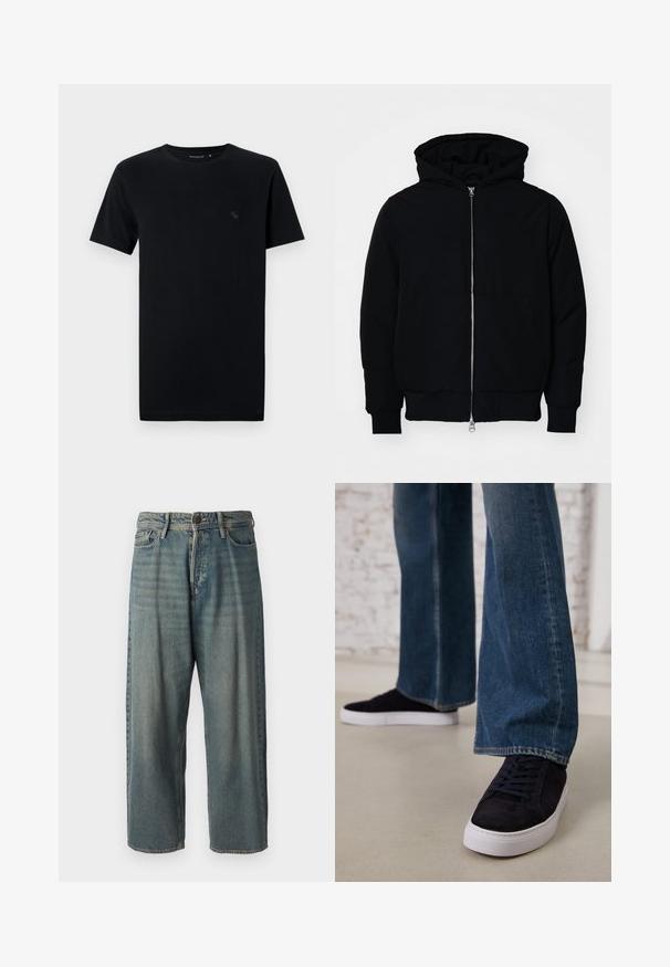 Černá kapucňová bunda s předním zipem, klokaní kapsou, vroubkovanými manžetami a spodním lemem, vystavená na čistém bílém pozadí.; Černé bavlněné tričko s krátkým rukávem, kulatým výstřihem, s malým, decentním logem v odpovídající barvě na levé straně hrudi.; Světle modré denimové džíny s volným střihem, středně vysokým pasem a rovnými nohavicemi. Obsahují pět kapes, poutka na opasek a zapínání na knoflík.; Tmavě modré semišové tenisky s bílou gumovou podrážkou a tkaničkami, zkombinované s širokými džíny v středně modré praní.