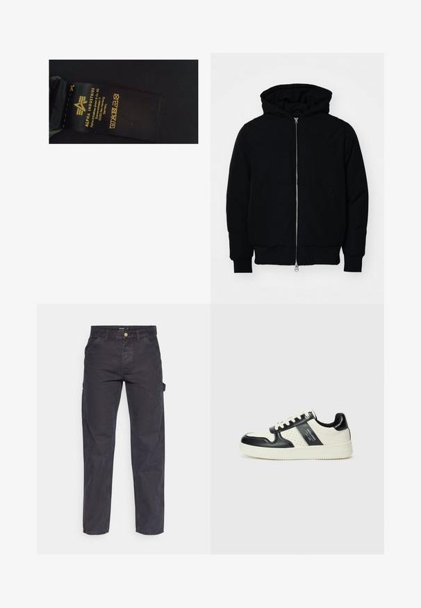 Black hooded jacket with front zipper, kangaroo pocket, ribbed cuffs, and hem, displayed on a plain white background.; Black fabric care label with yellow text displaying brand name "Alpha Industries," care instructions, and manufacturing details.; Dark gray cargo pants made of durable fabric, featuring a straight-leg cut, five pockets, and a button closure at the waist.; Leather sneakers with a black and cream color scheme, featuring perforated accents, a padded collar, and a textured outsole.