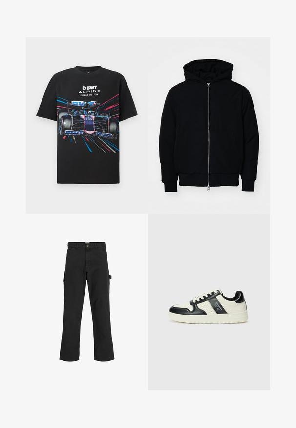 Black hooded jacket with front zipper, kangaroo pocket, ribbed cuffs, and hem, displayed on a plain white background.; Black cotton t-shirt featuring a graphic print of a Formula One car with vibrant blue and pink accents, and "BWT ALPINE FORMULA ONE TEAM" text.; Black cargo pants in cotton blend fabric. Features wide legs, front slant pockets, and a side pocket with a loop for accessories.; Leather sneakers with a black and cream color scheme, featuring perforated accents, a padded collar, and a textured outsole.
