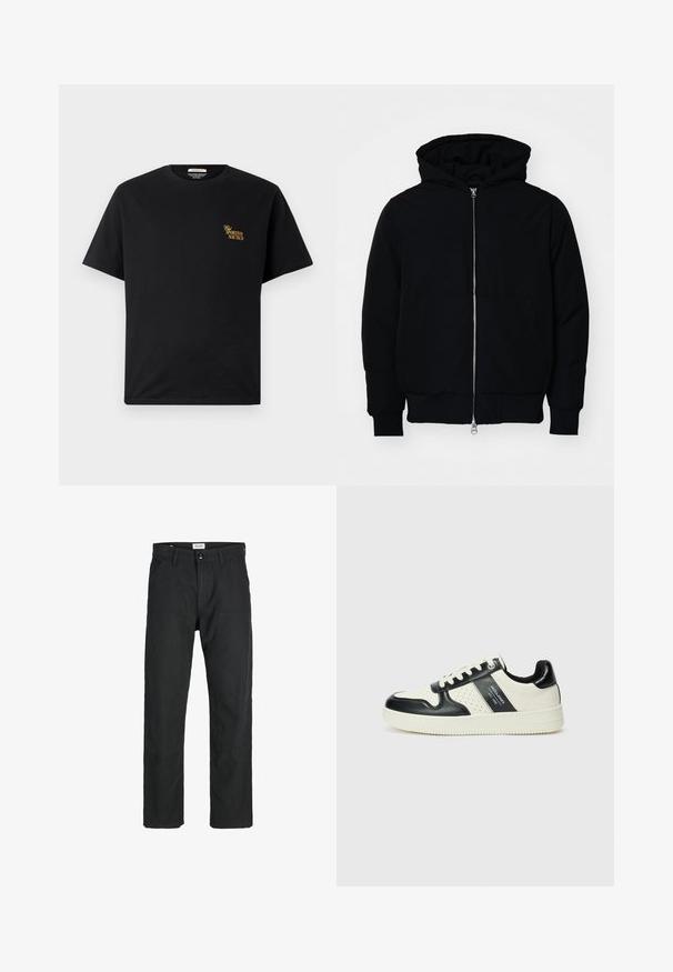 Černá kapucňová bunda s předním zipem, klokaní kapsou, vroubkovanými manžetami a spodním lemem, vystavená na čistém bílém pozadí.; Černé bavlněné tričko s kulatým výstřihem a krátkými rukávy. Na levé části prsou má zlatý nápis "Sportivo Nautico". Jednoduchý design.; Černé kalhoty vyrobené z odolné tkaniny, s rovnými nohavicemi, šitými akcenty a dvěma předními kapsami pro praktičnost.; Kožené tenisky s černobílou barevnou kombinací, které mají perforované detaily, polstrovaný límec a texturovanou podrážku.