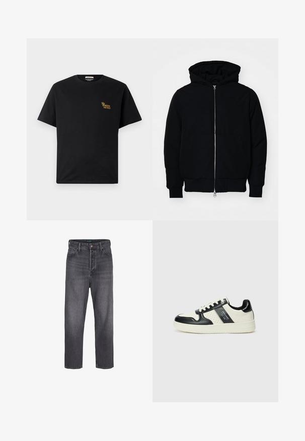 Zwarte hoodie met rits aan de voorkant, kangoeroe-pocket, geribbelde manchetten en zoom, weergegeven op een effen witte achtergrond.; Zwarte katoenen t-shirt met een ronde hals en korte mouwen. Bevat gouden "Sportivo Nautico" tekst op de linkerborst. Eenvoudig ontwerp.; Donkergrijze denim jeans met een rechte pijpzool, hoge taille, vijf zakken en lichte vervaging. Metalen knoop en ritsopening.; Leren sneakers met een zwart en crèmekleurig kleurenschema, voorzien van geperforeerde accenten, een gevoerde kraag en een gestructureerde buitenzool.