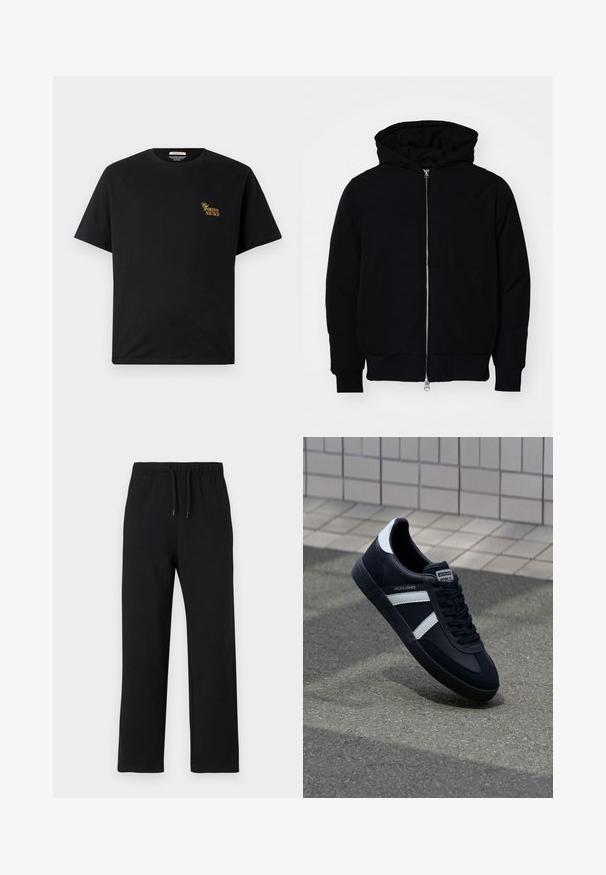 Mustaga kapuutsiga jakk, millel on esineed, kenguru tasku, soonikkoes, ja alläär, esitatud lihtsal valgel taustal.; Must must t-särk ning lühikeste varrukatega. Esiküljel vasakul rinnal on kuldne "Sportivo Nautico" tekst. Lihtne disain.; Jack & Jones JPSTKANE JJCHARGE UNCUFFED - Dresside alumine osa - black; Must have musta sneaker musta valgete triipudega, tekstuurne kummitald ja nööridega esiosa. Omab bränditud märki keele peal.