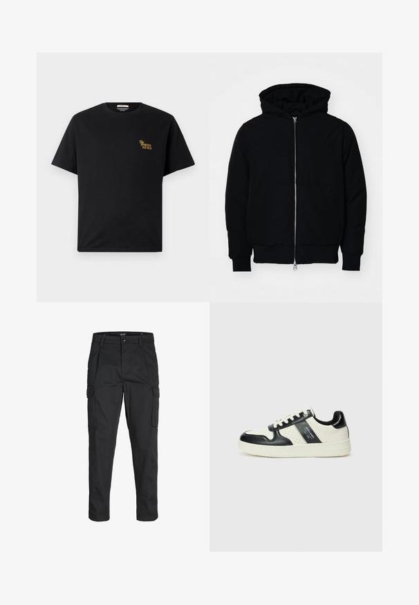 Chaqueta negra con capucha, cierre frontal, bolsillo tipo canguro, y puños y dobladillo acanalados, exhibida sobre un fondo blanco liso.; Camiseta de algodón negra con cuello redondo y mangas cortas. Presenta el texto dorado "Sportivo Nautico" en el lado izquierdo del pecho. Diseño simple.; Pantalones cargo negros hechos de tela resistente, que cuentan con múltiples bolsillos, un cierre de botón y un diseño de corte slim con piernas ajustadas.; Zapatillas de cuero con un esquema de colores negro y crema, que cuentan con acentos perforados, un collar acolchado y una suela texturizada.