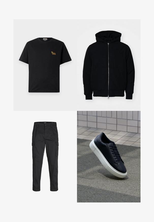 Schwarze Kapuzenjacke mit Frontreißverschluss, Kängurutasche, gerippten Bündchen und Saum, auf einem schlichten weißen Hintergrund präsentiert.; Schwarzes Baumwoll-T-Shirt mit Rundhalsausschnitt und kurzen Ärmeln. Mit goldener "Sportivo Nautico"-Aufschrift auf der linken Brust. Schlichtes Design.; Schwarze Cargo-Hose aus robustem Material, mit mehreren Taschen, einem Knopfverschluss und einem Slim-Fit-Design mit schmal zulaufenden Beinen.; Schwarze Leder-Sneaker mit runder Zehenpartie und weißer Gummisohle. Verfügt über flache Schnürsenkel und minimale Nähte im Obermaterial. Strukturiertes Sohlenprofil für besseren Halt.