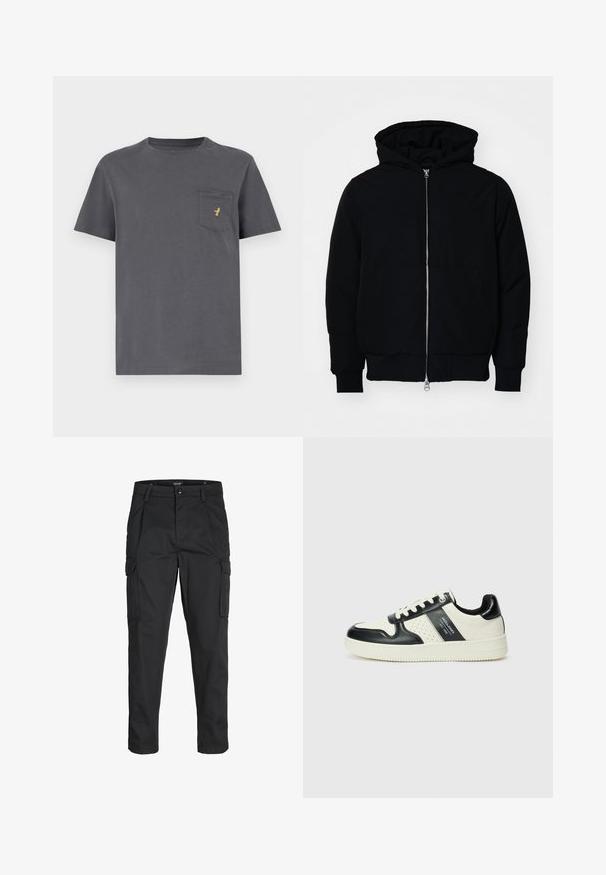 Črna kapuca jakna s sprednjim zadrgo, kenguru žepom, rebrastimi manšetami in hemom, razstavljena na enostavni beli ozadju.; Siva bombažna majica s kratkimi rokavi, okroglim ovratnikom in žepom, ki na levi strani vsebuje majhno zlatovlogo. Gladka tekstura materiala.; Črne cargo hlače iz trdnega blaga, ki imajo več žepov, gumbasto zapiranje in ozek kroj z zožanimi nogami.; Usnjeni športni čevlji z črno in krem barvno shemo, ki vključujejo perforirane dodatke, podložen ovratnik in strukturirano podplat.