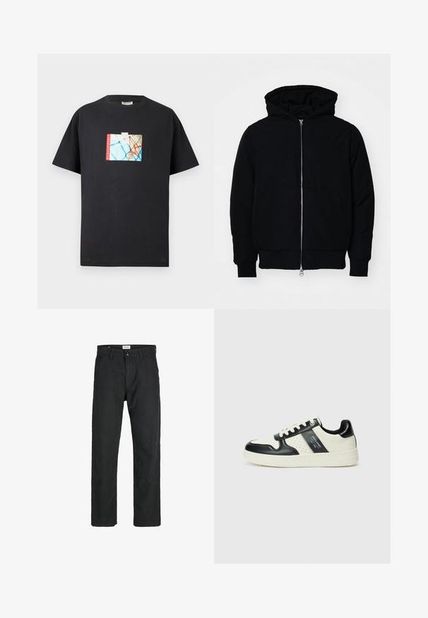 Melna kapucēta jaka ar priekšējo rāvējslēdzēju, kenguru kabatu, ribinātām aprocēm un apakšmalu, parādīta uz vienkārša balta fona.; Melna kokvilnas T-kreklā ar grafisku attēlu, kurā attēlots basketbola grozs z blue fonā ar sarkanajiem tekstiem "parkwayCOURTS".; Melnas bikses no izturīga auduma, ar taisna griezuma dizainu, izšūtām akcentiem un divām priekšējām kabatām funkcionālitātei.; Ādas sporta apavi ar melnbaltu krāsu shēmu, ar perforētiem akcentiem, mīkstinātu apkakli un teksturētu zoli.