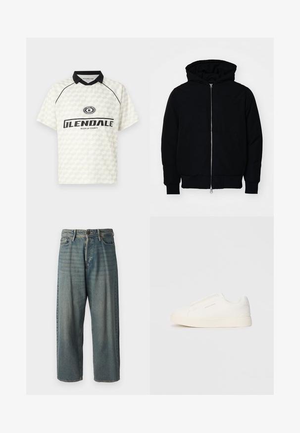 Crna kapuška jakna s prednjim zatvaračem, kenguru džepom, rebrastim manžetama i rubom, prikazana na običnoj bijeloj pozadini.; Polo majica kratkih rukava u bijeloj boji s kariranim uzorkom. Crna ovratnik, naglašena logotipom i tekstom "GLENDALE 91224 LA COUNTY".; Svijetloplave traperice s širokim krojem, srednjim pojasom i ravnim nogavicama. Ima pet džepova, petlje za remen i kopčanje na gumb.; Bijele slip-on tenisice s teksturiranom površinom, debelim đonom i minimalističkim dizajnom. Sadrže logo branda sa strane.
