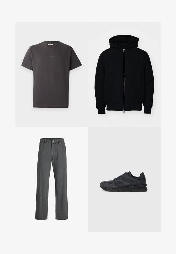 Mustaga kapuutsiga jakk, millel on esineed, kenguru tasku, soonikkoes, ja alläär, esitatud lihtsal valgel taustal.; Tumehall värvitooni lühikeste käistega puuvillane T-särk, mille esiküljel on peenelt reljeefne "REPLAY" logo. Ümmargune kaelus ja mugav lõige.; Tumedad hallid kõhuli püksid, mis on valmistatud denimist. Omab eesnuppu ja tõmblukku, vööd ja klassikalist viie tasku kujundust.; Replay ARTHUR ATOM - Tossud - black