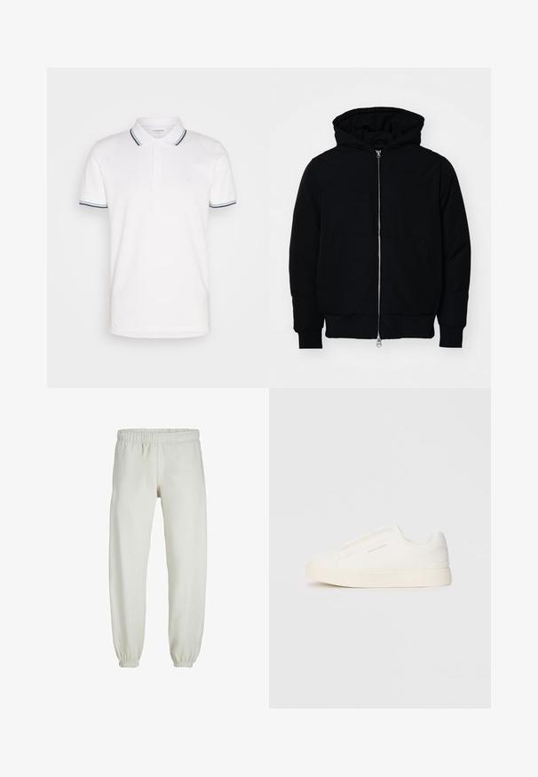 Fekete kapucnis dzseki elülső cipzárral, kenguruzsebbel, bordázott mandzsettákkal és aba, egy sima fehér háttér előtt.; Lindbergh CONTRAST PIPING - Pólóing - white; Fehér melegítőnadrág, puha anyagból készült, rugalmas derékrésszel és mandzsettával, sima tapintású és laza szabású.; Fehér slip-on sportcipők texturált felülettel, vastag talppal és minimalista dizájnnal. Az oldalon a márka logója található.