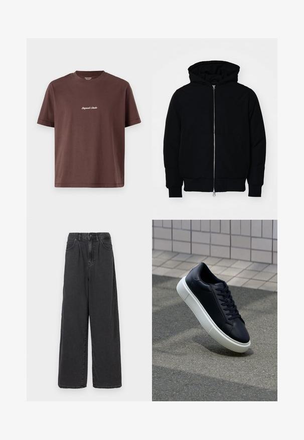 Svart hettejakke med frontglidelås, kengurulomme, ribbestrikket mansjetter og søm, vist på en ensfarget hvit bakgrunn.; Brun bomull T-skjorte med rund hals. Har kort ermer og sentral brodert tekst som sier "Original Studio" i hvitt.; Bredde ben, høy midje svarte dongeri bukser med knapp og glidelås foran, med sidelommer og en glatt tekstur.; Sorte skinnsneakers med rund tå og hvit gummisåle. Har flate lisser og minimal søm på overdelen. Strukturert såle for grep.