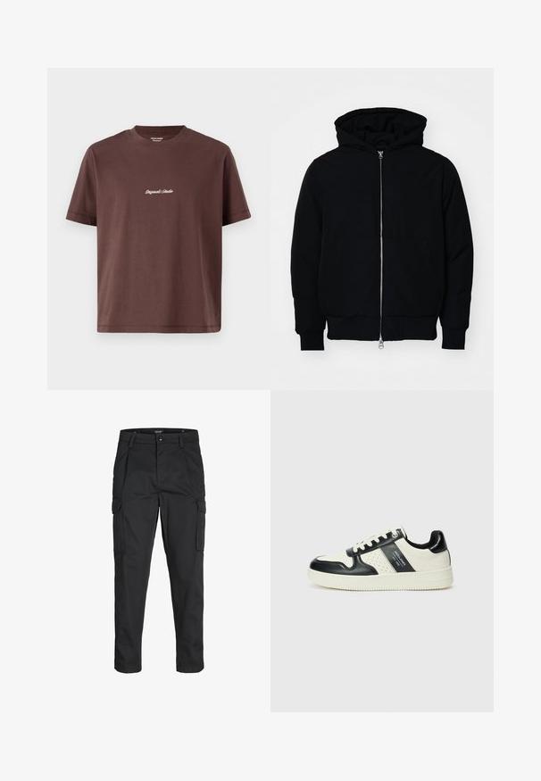 Juodas gobtuvėlis su priekiniu užtrauktuku, kengūros tipo kišene, lygiais rankogaliais ir apvadu, pateiktas ant vientiso balto fono.; Ruda medvilnės marškinėliai su apvalia iškirpte. Savybės: trumpomis rankovėmis ir centriniu balta siuvinėtu užrašu "Original Studio".; Juodi krovinių tipo džinsai, pagaminti iš tvirto audinio, su keliais kišeniais, mygtuko uždarymu ir siauru, prigludusiu dizainu su siaurėjančiomis kojomis.; Odiniai sportbačiai juodos ir kreminės spalvų schemoje, su perforuotais akcentais, paminkštinta apykakle ir tekstūruotu padu.