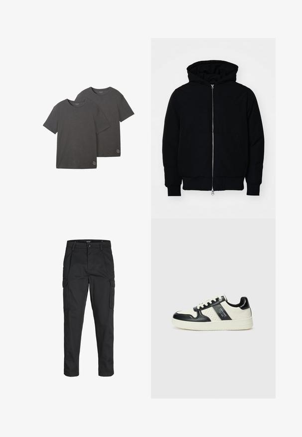 Chaqueta negra con capucha, cierre frontal, bolsillo tipo canguro, y puños y dobladillo acanalados, exhibida sobre un fondo blanco liso.; Dos camisetas de manga corta en gris carbón, hechas de una suave mezcla de algodón, con cuello redondo y un pequeño detalle de logo en el dobladillo.; Pantalones cargo negros hechos de tela resistente, que cuentan con múltiples bolsillos, un cierre de botón y un diseño de corte slim con piernas ajustadas.; Zapatillas de cuero con un esquema de colores negro y crema, que cuentan con acentos perforados, un collar acolchado y una suela texturizada.