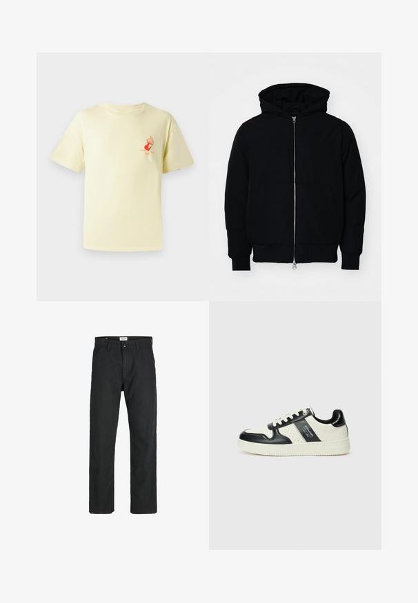 Sort hættejakke med frontlynlås, kængurulomme, ribbede manchetter og kant, præsenteret på en ensfarvet hvid baggrund.; Lys gul bomulds T-shirt med rund hals og korte ærmer; har et rødt grafik af en iskop på venstre bryst.; Sorte bukser lavet af holdbart stof, med en lige pasform, syede detaljer og to forlommer for funktionalitet.; Lædersneakers i sort og creme farveskema, med perforerede detaljer, en polstret krave og en struktureret ydersål.