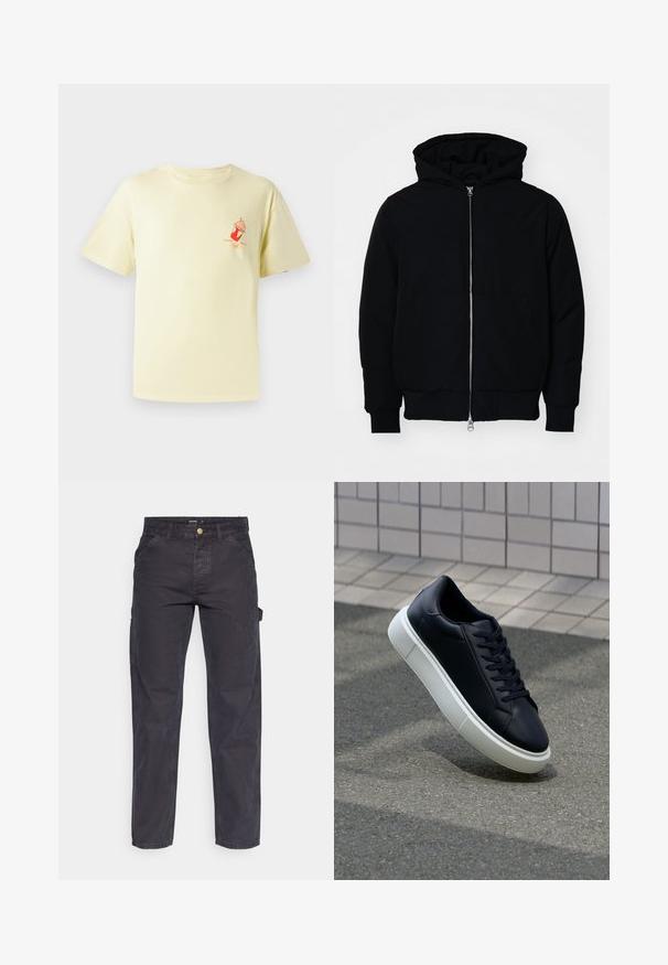 Czarna kurtka z kapturem, z suwakiem z przodu, kieszenią kangurką, ściągaczami przy mankietach i dolnym brzegu, prezentowana na jednolitym białym tle.; Jasnożółta bawełniana koszulka z okrągłym dekoltem i krótkimi rękawami; z przodu po lewej stronie znajduje się czerwona grafika filiżanki lodów.; Ciemnoszare spodnie cargo wykonane z trwałej tkaniny, z prostymi nogawkami, pięcioma kieszeniami i zapięciem na guzik w talii.; Czarne skórzane sneakersy z okrągłym noskiem i białą gumową podeszwą. Posiadają płaskie sznurowadła i minimalne przeszycia na cholewce. Teksturowana podeszwa zapewnia przyczepność.