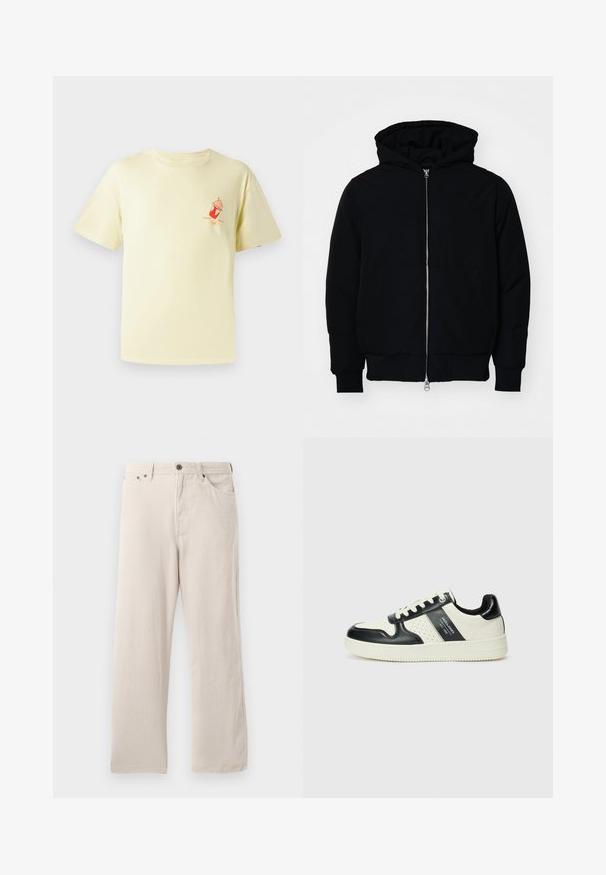 Czarna kurtka z kapturem, z suwakiem z przodu, kieszenią kangurką, ściągaczami przy mankietach i dolnym brzegu, prezentowana na jednolitym białym tle.; Jasnożółta bawełniana koszulka z okrągłym dekoltem i krótkimi rękawami; z przodu po lewej stronie znajduje się czerwona grafika filiżanki lodów.; Beżowe spodnie kordrowe o prostym kroju, z prążkowaną teksturą, pięcioma kieszeniami i zapięciem na guziki.; Skórzane sneakersy w czarno-kremowym schemacie kolorystycznym, z perforowanymi akcentami, wyściełanym kołnierzem i teksturowaną podeszwą.