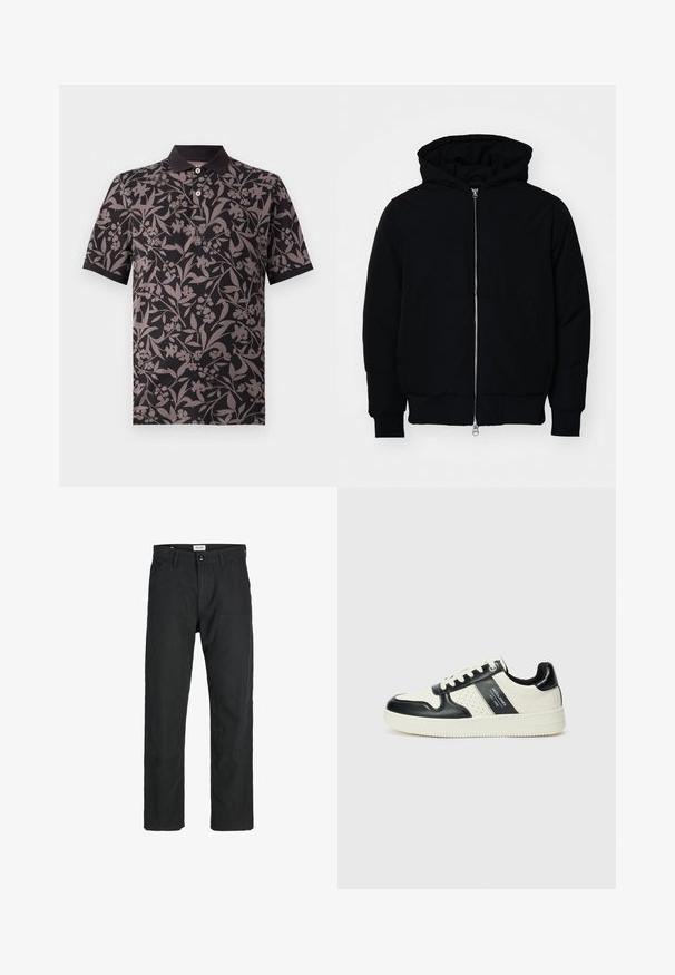 Czarna kurtka z kapturem, z suwakiem z przodu, kieszenią kangurką, ściągaczami przy mankietach i dolnym brzegu, prezentowana na jednolitym białym tle.; Czarny polo z wzorem w kwiaty w odcieniach szarości. Posiada kołnierzyk, krótkie rękawy oraz zapięcie na trzy guziki.; Czarne spodnie wykonane z trwałego materiału, z prostym krojem nóg, przeszyciami i dwiema przednimi kieszeniami dla funkcjonalności.; Skórzane sneakersy w czarno-kremowym schemacie kolorystycznym, z perforowanymi akcentami, wyściełanym kołnierzem i teksturowaną podeszwą.