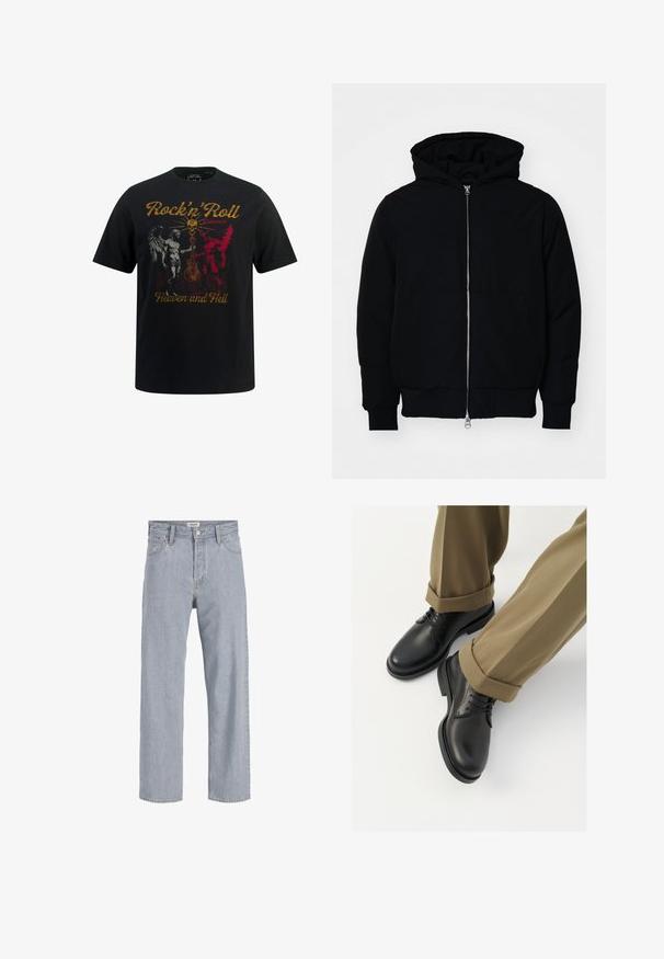 Schwarze Kapuzenjacke mit Frontreißverschluss, Kängurutasche, gerippten Bündchen und Saum, auf einem schlichten weißen Hintergrund präsentiert.; Schwarz Baumwoll-T-Shirt mit einem Grafikdesign, das kontrastierende rote und weiße Illustrationen von Engeln und Dämonen zeigt, mit "Rock'n'Roll Between Heaven and Hell."; Helle blaue Jeans aus Denim mit lockerer Passform, geradem Bein, sichtbaren Nähten, zwei vorderen Taschen und einem Knopfverschluss.; Schwarze Lederschuhe mit glatter Oberfläche, versehen mit Schnürsenkeln und einer runden Zehenpartie, kombiniert mit hochgekrempelten khakifarbenen Hosen.