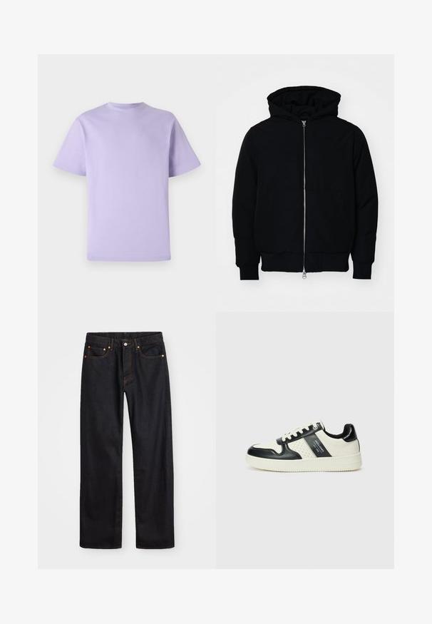 Mustaga kapuutsiga jakk, millel on esineed, kenguru tasku, soonikkoes, ja alläär, esitatud lihtsal valgel taustal.; Lavendelvärvi puuvillane t-särk lühikeste käistega, ümmarguse kaelusega ja vabalt sadestuva lõikega. Sile tekstuur, ilma mustrite ja kaunistusteta.; Meeste sirge jala mustad denim teksad viie taskuga, oranž õmblus, nupu ja tõmblukuga ees nagu vöökoht.; Nahatud nahkkingad musta ja kreemi värviskeemiga, millel on perforeeritud aktsendid, pehme krae ja tekstureeritud tallad.