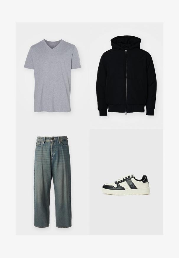 Črna kapuca jakna s sprednjim zadrgo, kenguru žepom, rebrastimi manšetami in hemom, razstavljena na enostavni beli ozadju.; Siva bombažna majica z V-izrezom, kratkimi rokavi in sproščenim krojem. Mehka, lahka tkanina brez vidnih vzorcev ali okrasitev.; Svetlomoderne kavbojke z ohlapnim krojem, srednjim pasom in ravnimi nogami. Imajo pet žepov, zanke za pas in zapiranje na gumb.; Usnjeni športni čevlji z črno in krem barvno shemo, ki vključujejo perforirane dodatke, podložen ovratnik in strukturirano podplat.