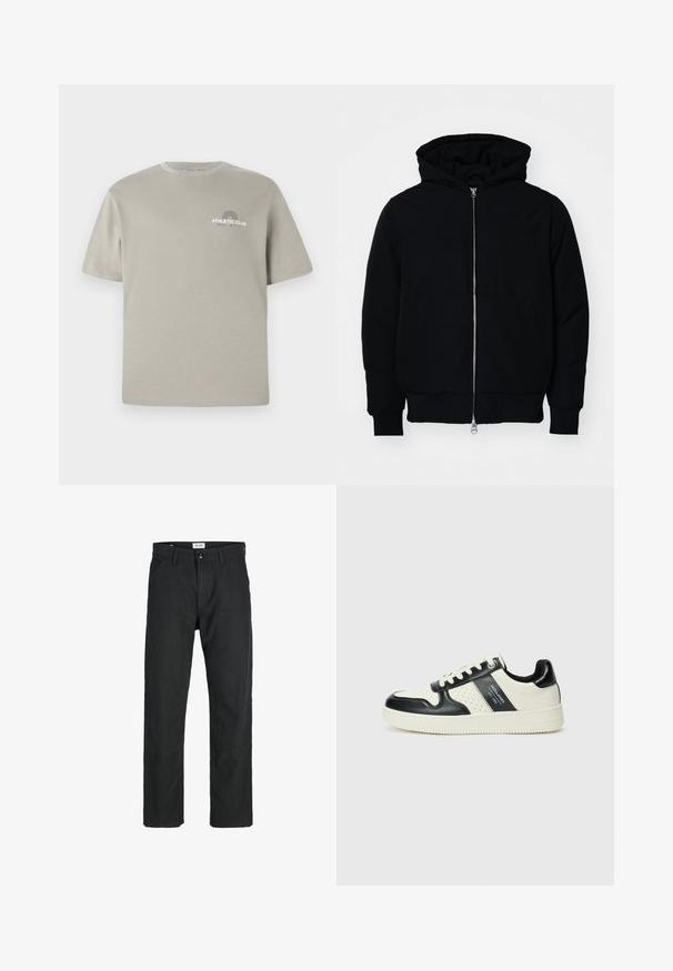 Mustat huppu-untuvatakki, jossa on vetoketju edessä, kenguru-tasku, ribatut hihansuut ja helma, esillä yksinkertaisella valkoisella taustalla.; Vaaleanharmaa puuvillapaita lyhyillä hihoilla, pyöreällä kaula-aukolla ja pienellä "ATHLETIC CLUB" -grafiikalla rinnassa. Sileä rakenne.; Mustat housut kestävästä kankaasta, suorat lahkeet, ommeltuja yksityiskohtia ja kaksi etutaskua toiminnallisuutta varten.; Nahkakengät musta-kerma värimaailmassa, joissa on rei'itetyt yksityiskohdat, pehmustettu nilkkaosa ja teksturoitu pohja.