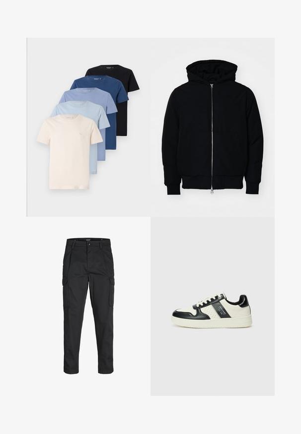 Black hooded jacket with front zipper, kangaroo pocket, ribbed cuffs, and hem, displayed on a plain white background.; Collection of five crew-neck t-shirts in shades of cream, light blue, dark blue, and black, made of soft cotton, featuring simple design.; Black cargo pants made of sturdy fabric, featuring multiple pockets, a button closure, and a slim fit design with tapered legs.; Leather sneakers with a black and cream color scheme, featuring perforated accents, a padded collar, and a textured outsole.
