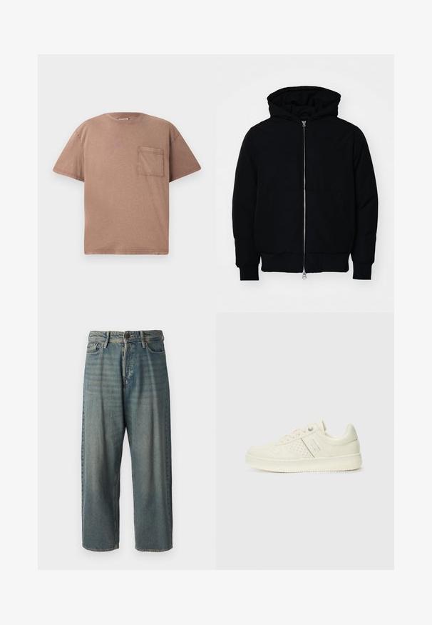 Juodas gobtuvėlis su priekiniu užtrauktuku, kengūros tipo kišene, lygiais rankogaliais ir apvadu, pateiktas ant vientiso balto fono.; Šviesiai ruda, trumpomis rankovėmis, apvaliu kaklu marškinėliai iš medvilnės su vienu krūtinės kišenėle ir subtiliu raštu. Tiesus siluetas su švariais kraštais.; Šviesiai mėlyni džinsai su laisvu siluetu, vidutinio aukščio juosmeniu ir tiesiomis kojomis. Su penkiais kišenėmis, diržo kilpo ir mygtukų uždarymu.; Kremo spalvos sportbačiai su perforuotomis detalėmis, raišteliais ir logotipu šone, išdėstyti prieš paprastą baltą foną.