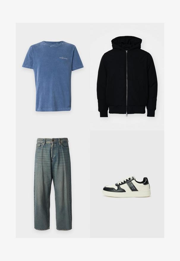 Black hooded jacket with front zipper, kangaroo pocket, ribbed cuffs, and hem, displayed on a plain white background.; Blue cotton t-shirt with a relaxed fit, short sleeves, and a crew neckline. Features a small logo in contrasting color on the chest.; Light blue denim jeans with a loose fit, mid-rise waist, and straight legs. Features five pockets, belt loops, and a button closure.; Leather sneakers with a black and cream color scheme, featuring perforated accents, a padded collar, and a textured outsole.
