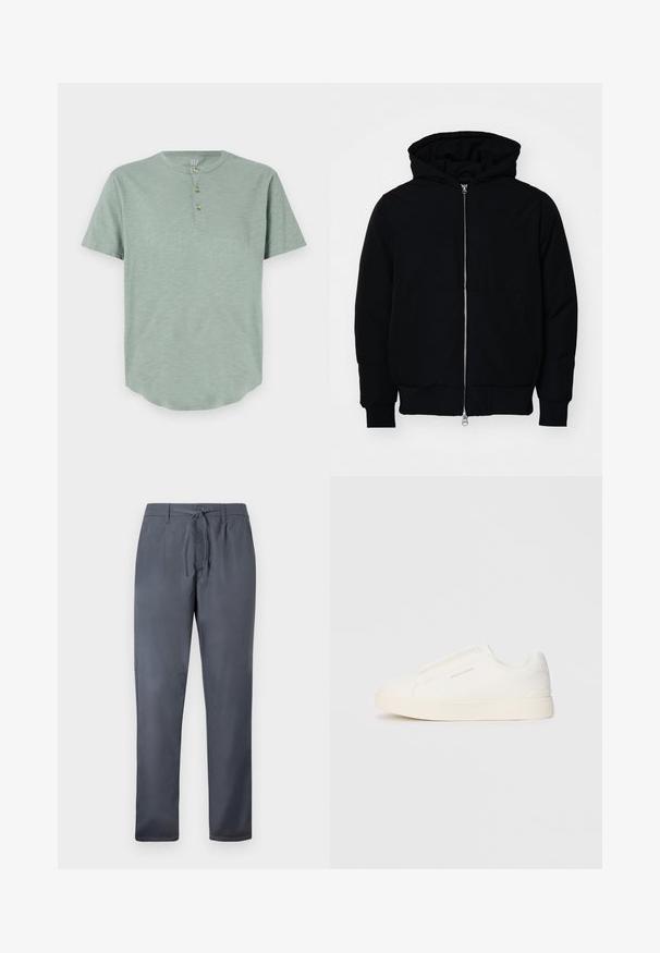 Svart hettejakke med frontglidelås, kengurulomme, ribbestrikket mansjetter og søm, vist på en ensfarget hvit bakgrunn.; Mintgrønn kortermet henley-skjorte laget av mykt stoff, med rund halslinning og tre knappestolper med avrundet kant.; Grå bukser laget av glatt stoff, med snøring i livet og sidelommer. Rett ben-design med en ren finish.; Hvite slip-on joggesko med teksturert overflate, tykk såle og minimalistisk design. Har merkevarelogo på siden.