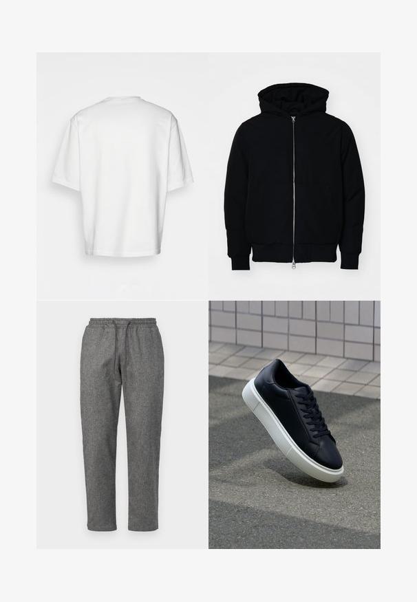 Veste à capuche noire avec fermeture éclair sur le devant, poche kangourou, poignets et ourlet côtelés, présentée sur un fond blanc uni.; T-shirt blanc à manches courtes, coupe ample, col rond, tissu en coton lisse, dos sans embellissement, ourlet droit, sans motifs ni accents.; Pantalons de survêtement gris en tricot avec une taille à cordon de serrage, des jambes fuselées et un motif texturé subtil sur l'ensemble du tissu.; Baskets noires en cuir avec bout arrondi et semelle en caoutchouc blanc. Elles présentent des lacets plats et une couture minimale sur la tige. Semelle texturée pour une bonne adhérence.