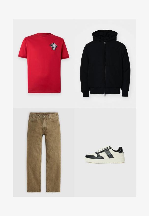 Svart hettejakke med frontglidelås, kengurulomme, ribbestrikket mansjetter og søm, vist på en ensfarget hvit bakgrunn.; Rød bomull t-skjorte med korte ermer, rund hals og en diamantformet svart-hvitt logo på venstre bryst.; Lys brun denimjeans med rett ben-design, fem-lomme stil og kobberfarget hårdvare. Teksturet stoff med synlige sømdetaljer.; Lædersneakers med sort og creme farveskema, der har perforerede detaljer, en polstret krave og en struktureret ydersål.