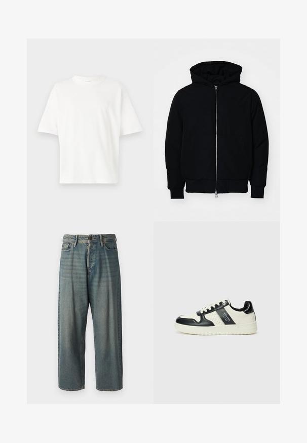 Juodas gobtuvėlis su priekiniu užtrauktuku, kengūros tipo kišene, lygiais rankogaliais ir apvadu, pateiktas ant vientiso balto fono.; Balta medvilnės marškinėliai su trumpomis rankovėmis, apvalia kaklo iškirpte ir subtiliu logotipo atvaizdu ant krūtinės. Atsipalaidavęs, dėžutės tipo siluetas su lygia tekstūra.; Šviesiai mėlyni džinsai su laisvu siluetu, vidutinio aukščio juosmeniu ir tiesiomis kojomis. Su penkiais kišenėmis, diržo kilpo ir mygtukų uždarymu.; Odiniai sportbačiai juodos ir kreminės spalvų schemoje, su perforuotais akcentais, paminkštinta apykakle ir tekstūruotu padu.