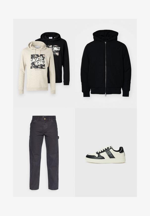 Chaqueta negra con capucha, cierre frontal, bolsillo tipo canguro, y puños y dobladillo acanalados, exhibida sobre un fondo blanco liso.; Dos sudaderas: una gris claro con un gráfico floral y texto, y una negra sólida. Ambas cuentan con bolsillos tipo canguro y capuchas con cordón.; Pantalones cargo de color gris oscuro, confeccionados con un tejido duradero, que presentan un corte recto, cinco bolsillos y un cierre de botón en la cintura.; Zapatillas de cuero con un esquema de colores negro y crema, que cuentan con acentos perforados, un collar acolchado y una suela texturizada.