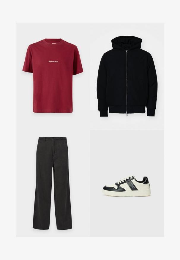 Černá kapucňová bunda s předním zipem, klokaní kapsou, vroubkovanými manžetami a spodním lemem, vystavená na čistém bílém pozadí.; Burgundská bavlněná tričko s krátkým rukávem a kulatým výstřihem. Na přední straně je bílé vyšívané text "Originals Studio".; Černé kordovanové kalhoty s širokým střihem, které mají vertikální ribovanou texturu, zipový klouzavý uzávěr s knoflíkem a přední kapsy.; Kožené tenisky s černobílou barevnou kombinací, které mají perforované detaily, polstrovaný límec a texturovanou podrážku.