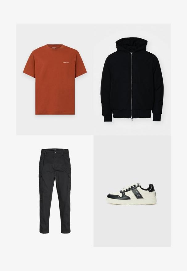 Mustat huppu-untuvatakki, jossa on vetoketju edessä, kenguru-tasku, ribatut hihansuut ja helma, esillä yksinkertaisella valkoisella taustalla.; Lyhythihainen t-paita ruosteenoranssista puuvillasta, jossa on pyöreä pääntie ja pieni valkoinen "Originals" -teksti vasemmassa rinnassa.; Mustat cargo-housut, jotka on valmistettu kestävästä kankaasta. Housuissa on useita taskuja, nappisulku ja kapea istuvuus, jossa on kapenevat lahkeet.; Nahkakengät musta-kerma värimaailmassa, joissa on rei'itetyt yksityiskohdat, pehmustettu nilkkaosa ja teksturoitu pohja.