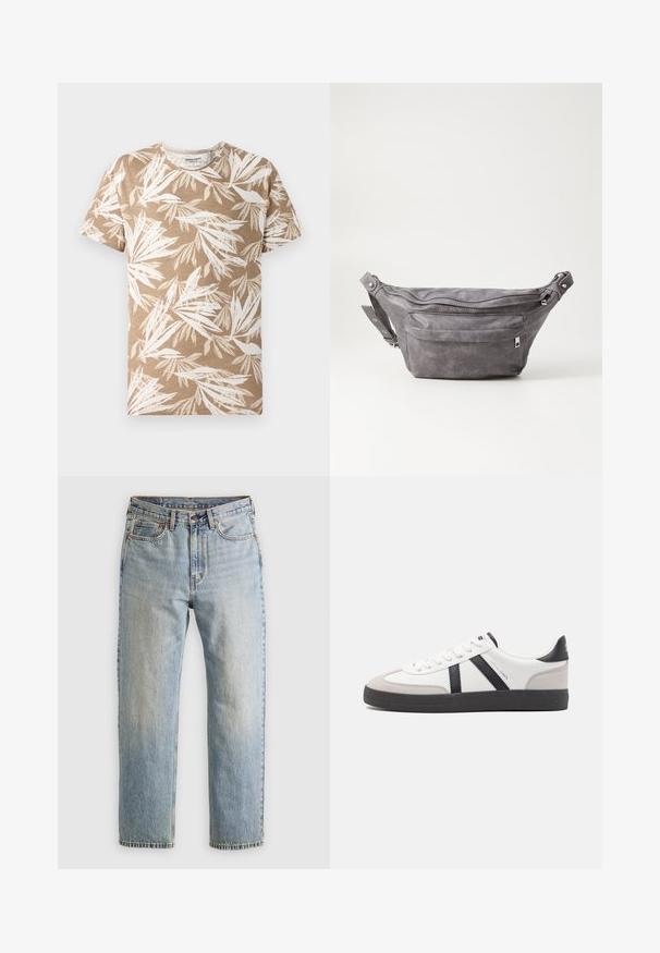 Čierna kapucňová bunda s predným zipsom, klokaními vreckami, rebrovanými manžetami a lemom, zobrazená na bielom pozadí.; Krátky rukáv tričko svetlohnedej farby s bielym vzorom listov. Mäkka tkanina, design s okrúhlym výstrihom a voľný strih.; Svetlomodré džínsy s vysokým pásom, predným gombíkom, zipsom a dizajnom s piatimi vreckami, rozložené na neutrálnom pozadí.; Biele tenisky s čiernymi a šedými akcentmi, s textúrovanou šedou špičkou, čiernou gumovou podrážkou a plochými bielymi šnúrkami. Čistý dizajn, minimalistický štýl.; Sivá semišová ľadvinka s okrúhlym tvarom, dvoma zipsovými priehradkami a nastaviteľným popruhom. Obsahuje kovové prvky.