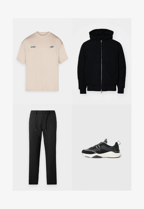 Črna kapuca jakna s sprednjim zadrgo, kenguru žepom, rebrastimi manšetami in hemom, razstavljena na enostavni beli ozadju.; Bež majica s kratkimi rokavi iz mehke tkanine, z majhnim logotipom "CNZ" in grafičnim poudarkom spredaj. Klasičen kroj s okroglim izrezom.; Črne hlače s slim fit krojem, izdelane iz mehkega materiala, z vrvico v pasu, stranskimi žepi in gladkim zaključkom.; Črne športne copate, ki vključujejo mešanico semiša in mrežastih materialov, debele bele podplate in odsevne detajle. Zavezovanje z vezalkami in zanka za lažje obuvanje.