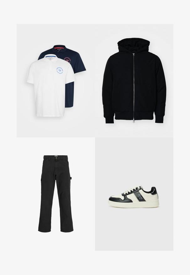 Fekete kapucnis dzseki elülső cipzárral, kenguruzsebbel, bordázott mandzsettákkal és aba, egy sima fehér háttér előtt.; Két póló: az egyik fehér kék logóval, a másik sötétkék piros logóval. Mindkettő klasszikus gallérral és rövid ujjakkal rendelkezik, pamutból készült.; Fekete cargo nadrág pamut keverékből készült. Széles lábakkal, elöl ferdén zsebekkel és egy oldalsó zsebbel rendelkezik, amelyen egy hurok található kiegészítők számára.; Fekete és krém színű bőrsneaker, perforált díszítésekkel, párnázott bokapánttal és texturált talppal.