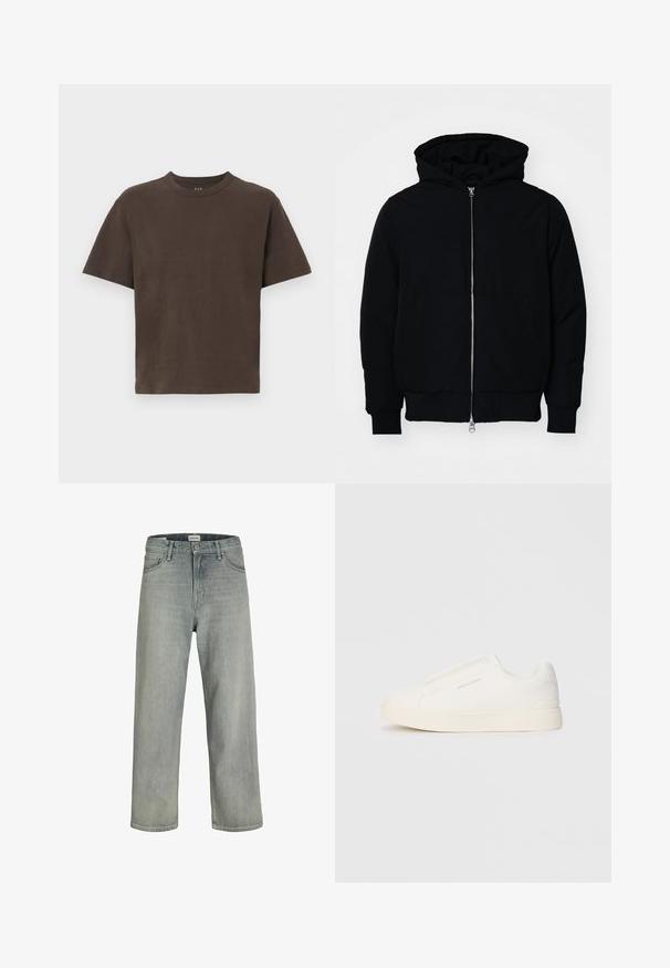 Svart hettejakke med frontglidelås, kengurulomme, ribbestrikket mansjetter og søm, vist på en ensfarget hvit bakgrunn.; Brun bomull T-skjorte med kort erme og rund hals. Glatt tekstur, minimalistisk design, ingen mønstre eller tilleggdetaljer.; Lys grå, løstsittende jeans laget av denim. Har en klassisk fem-lomme-design, beltehemper og en rett ben-silhuett.; Hvite slip-on joggesko med teksturert overflate, tykk såle og minimalistisk design. Har merkevarelogo på siden.