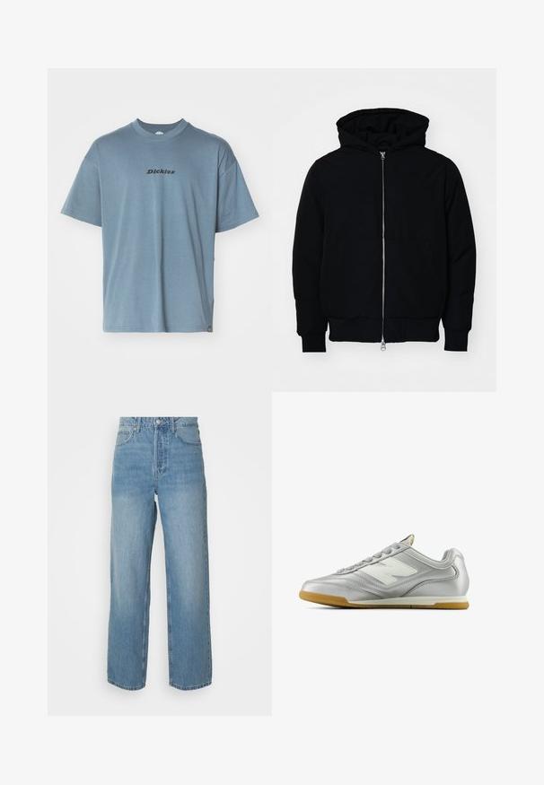 Juodas gobtuvėlis su priekiniu užtrauktuku, kengūros tipo kišene, lygiais rankogaliais ir apvadu, pateiktas ant vientiso balto fono.; Šviesiai mėlyna medvilninė marškinėliai su trumpomis rankovėmis, apvali iškirptė ir juodas "Dickies" logotipas atspausdintas priekyje. Minkšta tekstūra ir laisva forma.; Aukštos juosmens šviesiai mėlyni džinsai tiesiomis kojomis, priekinis mygtukų užsegimas ir penkių kišeninių stilius ant vientisos fono.; Sidabriniai sportiniai bateliai su lygiu, blizgiu paviršiumi, balta logo šone, tekstūruotomis pilkomis raištelėmis ir guminiais padais.