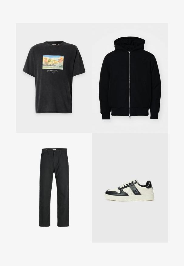 Veste à capuche noire avec fermeture éclair sur le devant, poche kangourou, poignets et ourlet côtelés, présentée sur un fond blanc uni.; T-shirt noir à manches courtes en coton, arborant un imprimé graphique coloré représentant un lavage de voiture avec le texte "SAN BERNARDINO, CALIF."; Pantalons noirs en tissu durable, présentant un design à jambe droite, des accents cousus et deux poches avant pour la fonctionnalité.; Baskets en cuir avec un schéma de couleurs noir et crème, dotées d'accents perforés, d'un col rembourré et d'une semelle texturée.