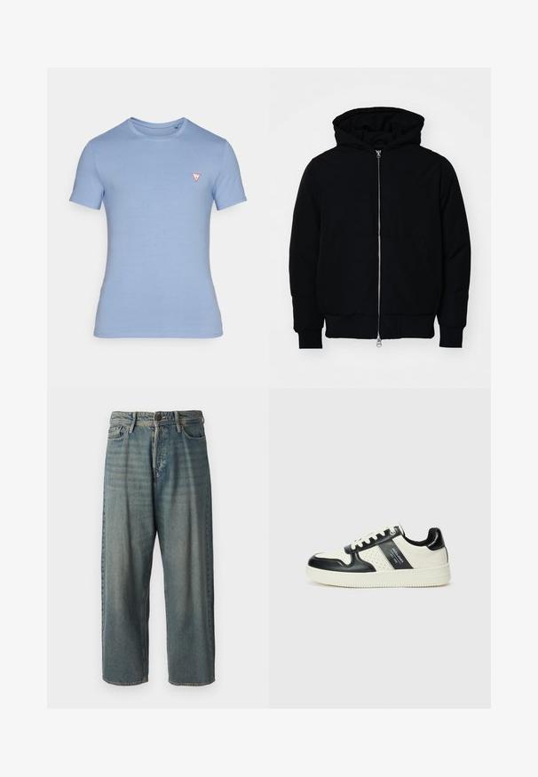 Crna kapuška jakna s prednjim zatvaračem, kenguru džepom, rebrastim manžetama i rubom, prikazana na običnoj bijeloj pozadini.; Svijetloplava majica kratkih rukava od pamuka. Ima okrugli izrez i mali crveni trokutasti logotip na prsima.; Svijetloplave traperice s širokim krojem, srednjim pojasom i ravnim nogavicama. Ima pet džepova, petlje za remen i kopčanje na gumb.; Kožne tenisice s crno-bijelom paletom boja, koje imaju perforirane akcentne detalje, podstavljeni ovratnik i teksturiranu potplat.