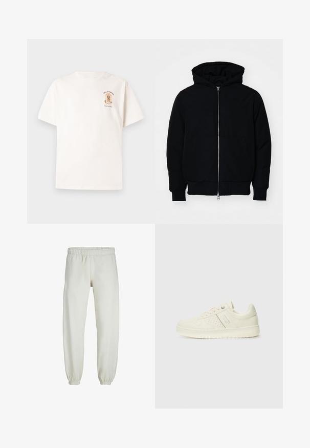 Crna kapuška jakna s prednjim zatvaračem, kenguru džepom, rebrastim manžetama i rubom, prikazana na običnoj bijeloj pozadini.; Majica od pamuka boje kreme s printom na prednjem dijelu i cvjetnim akcentima te ukrasnim dizajnom luka. Kratki, opušteni rukavi i ravni rub.; Bijele trenirke napravljene od mekanog materijala, s elastikom u struku i na manžetama, glatke teksture i labavog kroja.; Kremasto bijele tenisice s perforiranim detaljima, vezicama i logotipom s bočne strane, prikazane na jednostavnoj bijeloj pozadini.