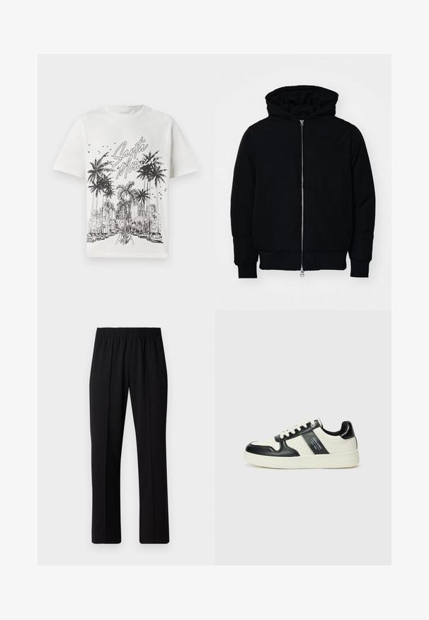 Čierna kapucňová bunda s predným zipsom, klokaními vreckami, rebrovanými manžetami a lemom, zobrazená na bielom pozadí.; Biela bavlnená tričko s čiernym grafickým potlačou paliem a mestským horizontom s názvom "Santa Monica." Krátke rukávy, okrúhly výstrih.; Čierne nohavice s elastickým pásom a rovnými nohavicami, majú hladkú textúru a žiadne viditeľné vzory ani kovové doplnky.; Kožené tenisky v čierno-krémovej farbe, s perforovanými akcentmi, polstrovaným golierom a štruktúrovanou podrážkou.