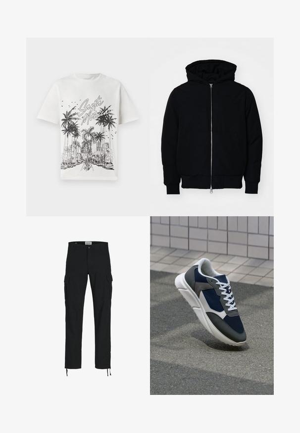 Čierna kapucňová bunda s predným zipsom, klokaními vreckami, rebrovanými manžetami a lemom, zobrazená na bielom pozadí.; Biela bavlnená tričko s čiernym grafickým potlačou paliem a mestským horizontom s názvom "Santa Monica." Krátke rukávy, okrúhly výstrih.; Čierne cargo nohavice so striha s priamym strihom, s bočnými vreckami, zapínaním na gombík a elastickými šnúrkami na členkoch. Vyrobené z odolnej tkaniny.; Tenisky s sieťovinou v námorníckej modrej farbe, so sivými semišovými detailmi, bielou gumovou podrážkou a plochými bielymi šnúrkami, navrhnuté pre pohodlie a priedušnosť.
