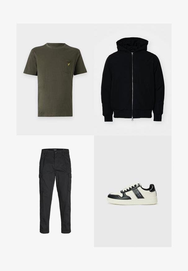 Svart huoodiejacka med framdragkedja, känguruficka, ribbade ärmslut och nederkant, uppställd mot en vit bakgrund.; Olivgrön bomullströja med rund halsringning, korta ärmar och en bröstficka till vänster med en liten gul logotyp. Slät textur.; Svarta cargobyxor tillverkade av hållbart tyg, med flera fickor, knappstängning och en smal passform med avsmalnande ben.; Läder sneakers med en svart och krämfärgad färgsättning, med perforerade detaljer, en vadderad krage och en strukturerad yttersula.