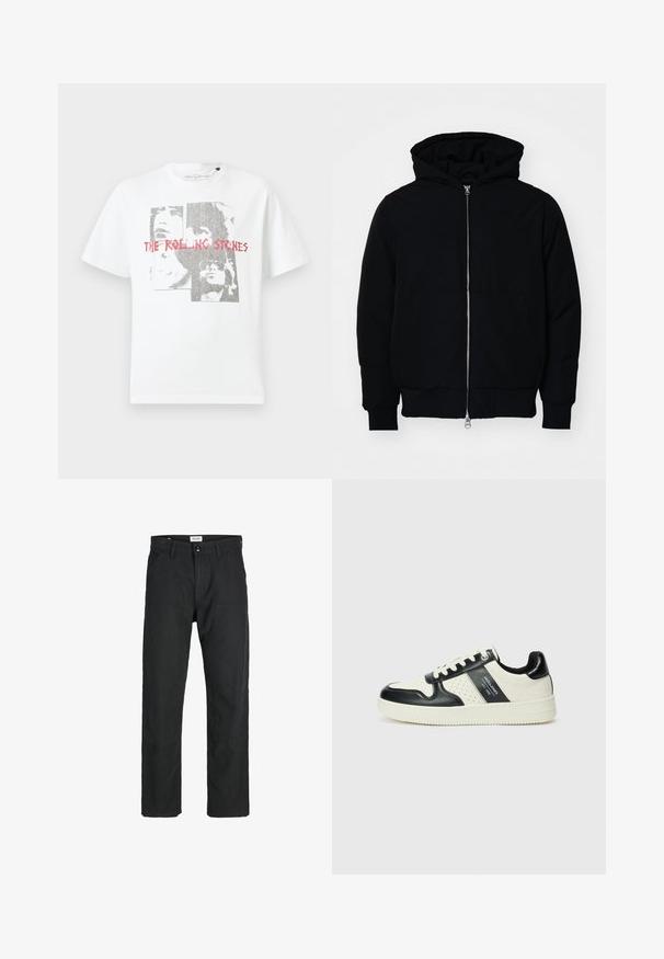 Černá kapucňová bunda s předním zipem, klokaní kapsou, vroubkovanými manžetami a spodním lemem, vystavená na čistém bílém pozadí.; Bílý bavlněný tričko s grafickým potiskem obličejů a textem "THE ROLLING STONES" v červené barvě. Kulatý výstřih a krátké rukávy.; Černé kalhoty vyrobené z odolné tkaniny, s rovnými nohavicemi, šitými akcenty a dvěma předními kapsami pro praktičnost.; Kožené tenisky s černobílou barevnou kombinací, které mají perforované detaily, polstrovaný límec a texturovanou podrážku.