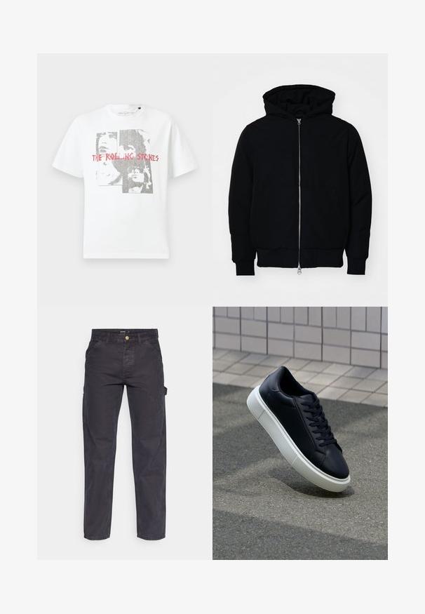 Mustaga kapuutsiga jakk, millel on esineed, kenguru tasku, soonikkoes, ja alläär, esitatud lihtsal valgel taustal.; Valge puuvillane T-särk, millel on graafiline trükk nägudest ja tekst "THE ROLLING STONES" punases kirjas. Ümmargune kaelus ja lühikesed varrukad.; Tumehallid cargo-püksid, mis on valmistatud vastupidavast kangast, sirge lõikega, viie tasku ja nupuga kinnitusega vööl.; Mustast nahast tennisetoss, millel on ümar nina ja valge kummist tall. Omab siredaid paelu ja minimaalset õmblemist ülemises osas. Tekstuuriga tald, mis tagab haakuvuse.