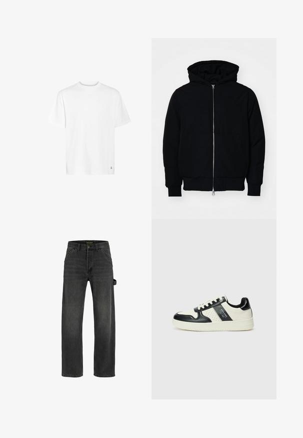 Juodas gobtuvėlis su priekiniu užtrauktuku, kengūros tipo kišene, lygiais rankogaliais ir apvadu, pateiktas ant vientiso balto fono.; Balta medvilnės marškinėliai su apvaliu iškirpimu, trumpomis rankovėmis ir tiesiu apvadu. Savybėje yra mažas logotipo detalė apatiniame kampe.; Tamsiai pilki džinsai su tiesiu kirpimu, penkiomis kišenėmis, metaliniu mygtuko uždarymu ir šoninės sagties detale.; Odiniai sportbačiai juodos ir kreminės spalvų schemoje, su perforuotais akcentais, paminkštinta apykakle ir tekstūruotu padu.