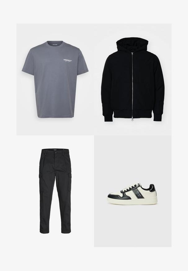 Black hooded jacket with front zipper, kangaroo pocket, ribbed cuffs, and hem, displayed on a plain white background.; Gray cotton t-shirt with short sleeves, round neckline, and a small white "ORIGINALS" logo on the left chest. Smooth texture, classic fit.; Black cargo pants made of sturdy fabric, featuring multiple pockets, a button closure, and a slim fit design with tapered legs.; Leather sneakers with a black and cream color scheme, featuring perforated accents, a padded collar, and a textured outsole.